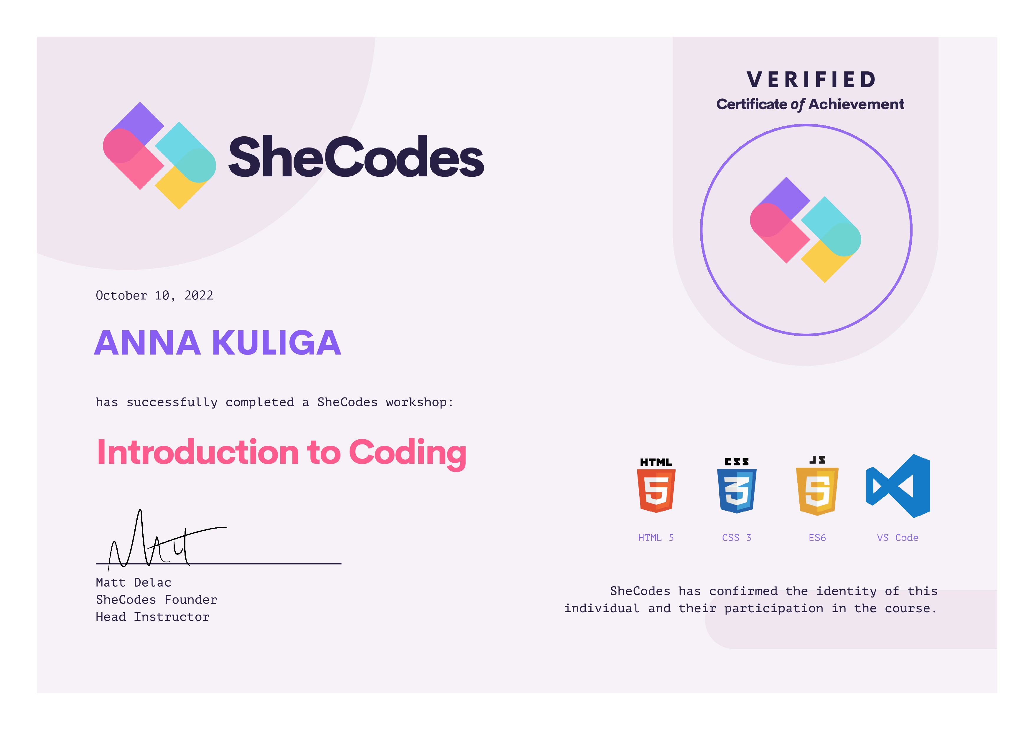 SheCodes Basic Certificate